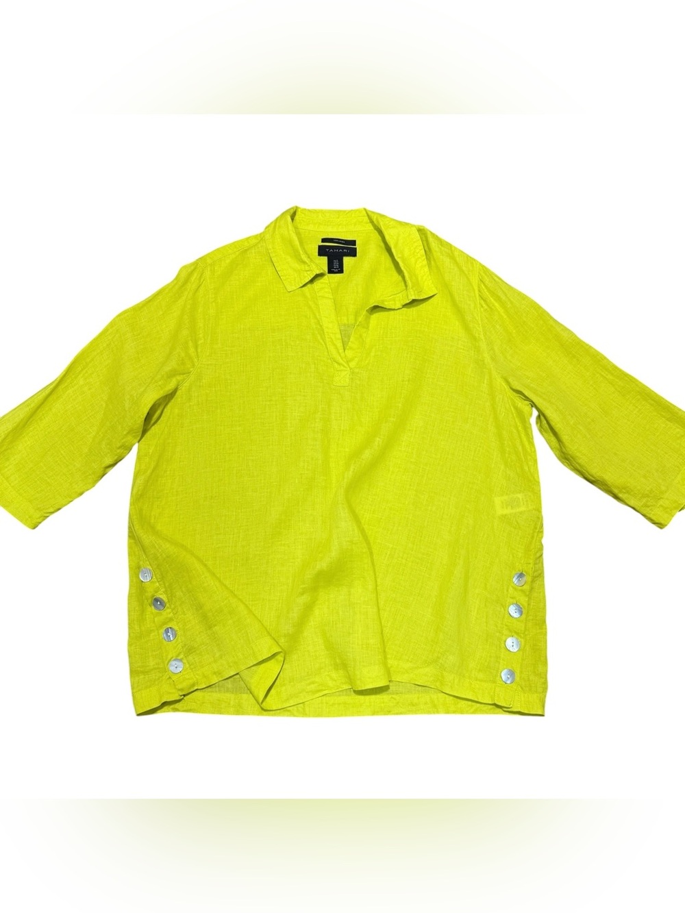Tahari Womens 1X 100% Linen Tunic Top Lime Yellow Relaxed Side Button Blouse